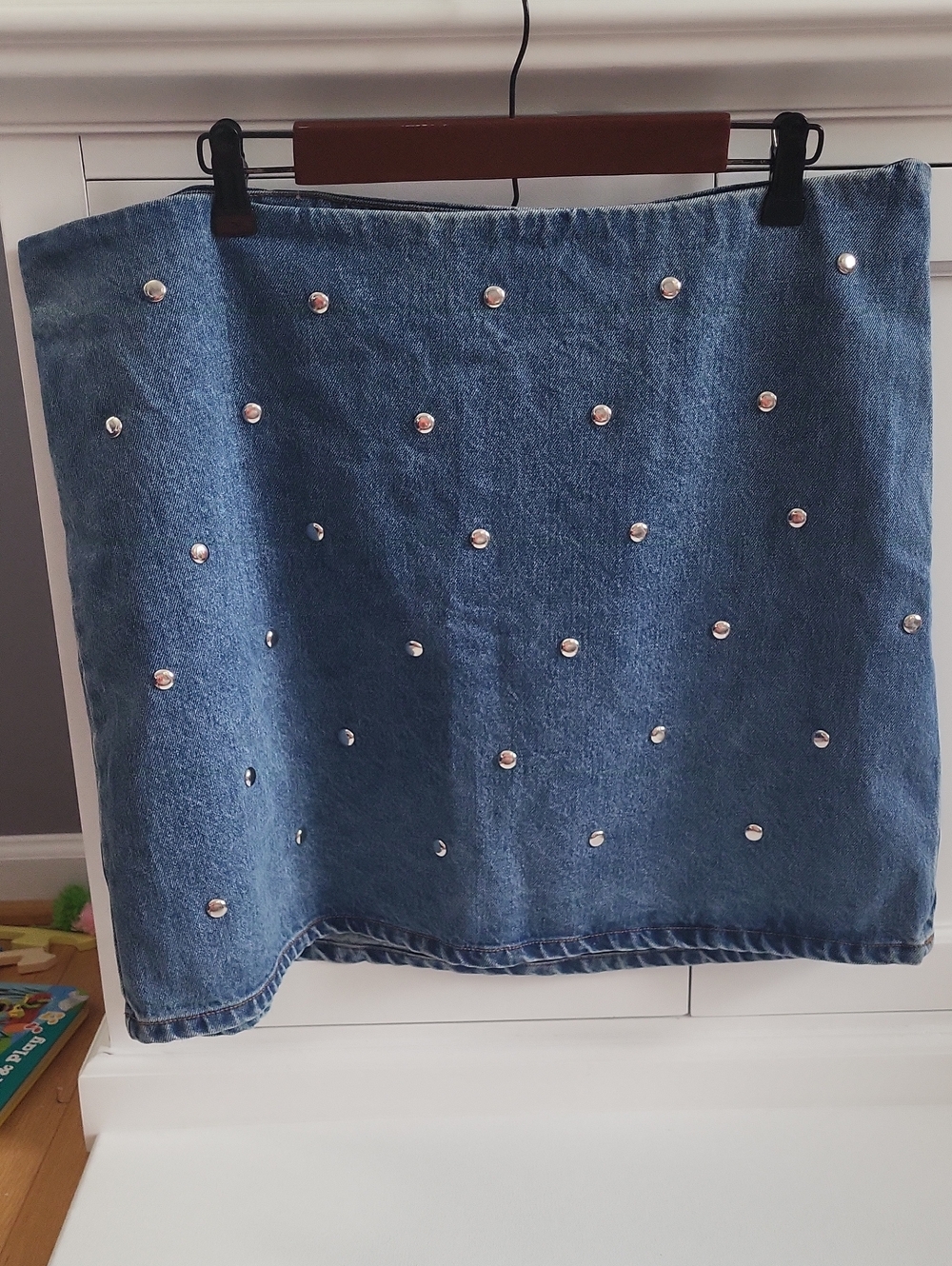 Future Collective Blue Denim Studded Zip Mini Skirt Lined Women's Size 16